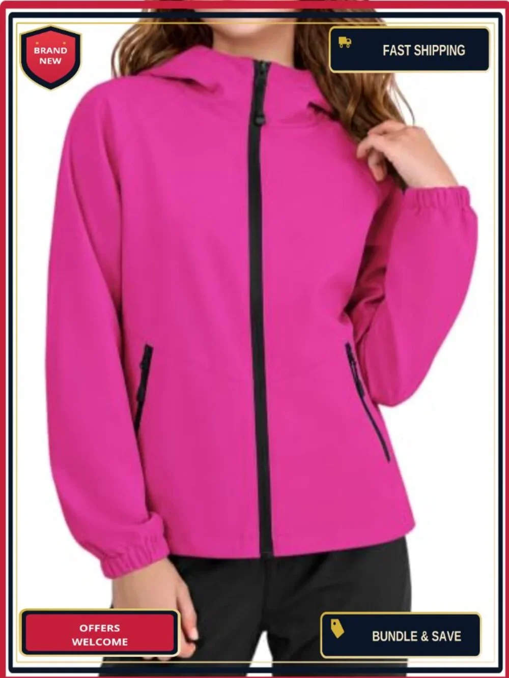 Girls Waterproof Rain Jacket Lightweight Zip Up Windbreaker Hooded